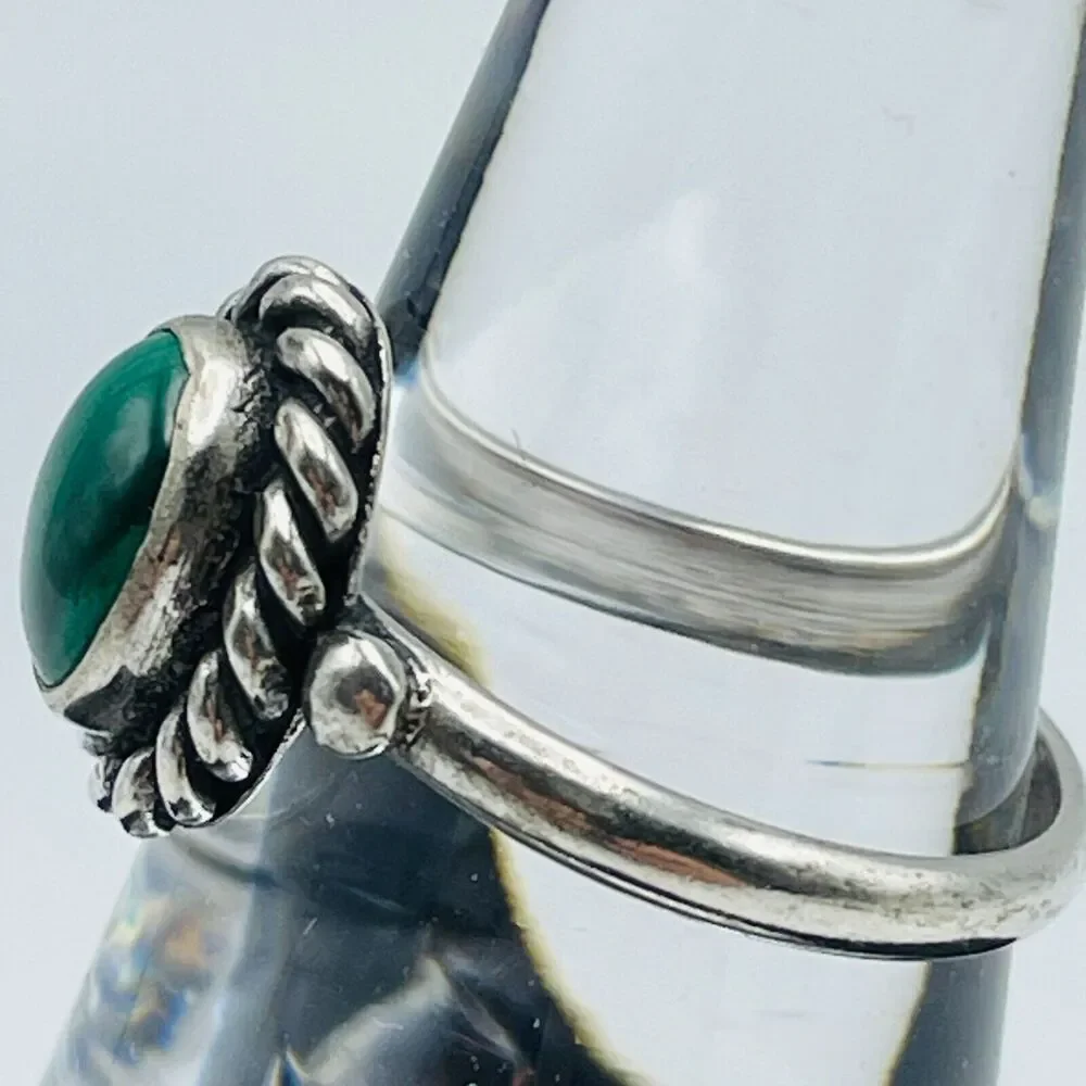 Sterling Silver Rope Bezel Ring FAS 925 US Size 6 Green Cabochon Malachite Look